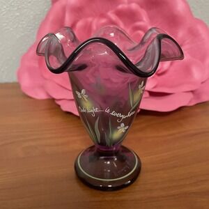 FENTON Glass Amethyst Vase "GOD'S LIGHT IS EVERYWHERE" Hand Painted Signed EUC‎